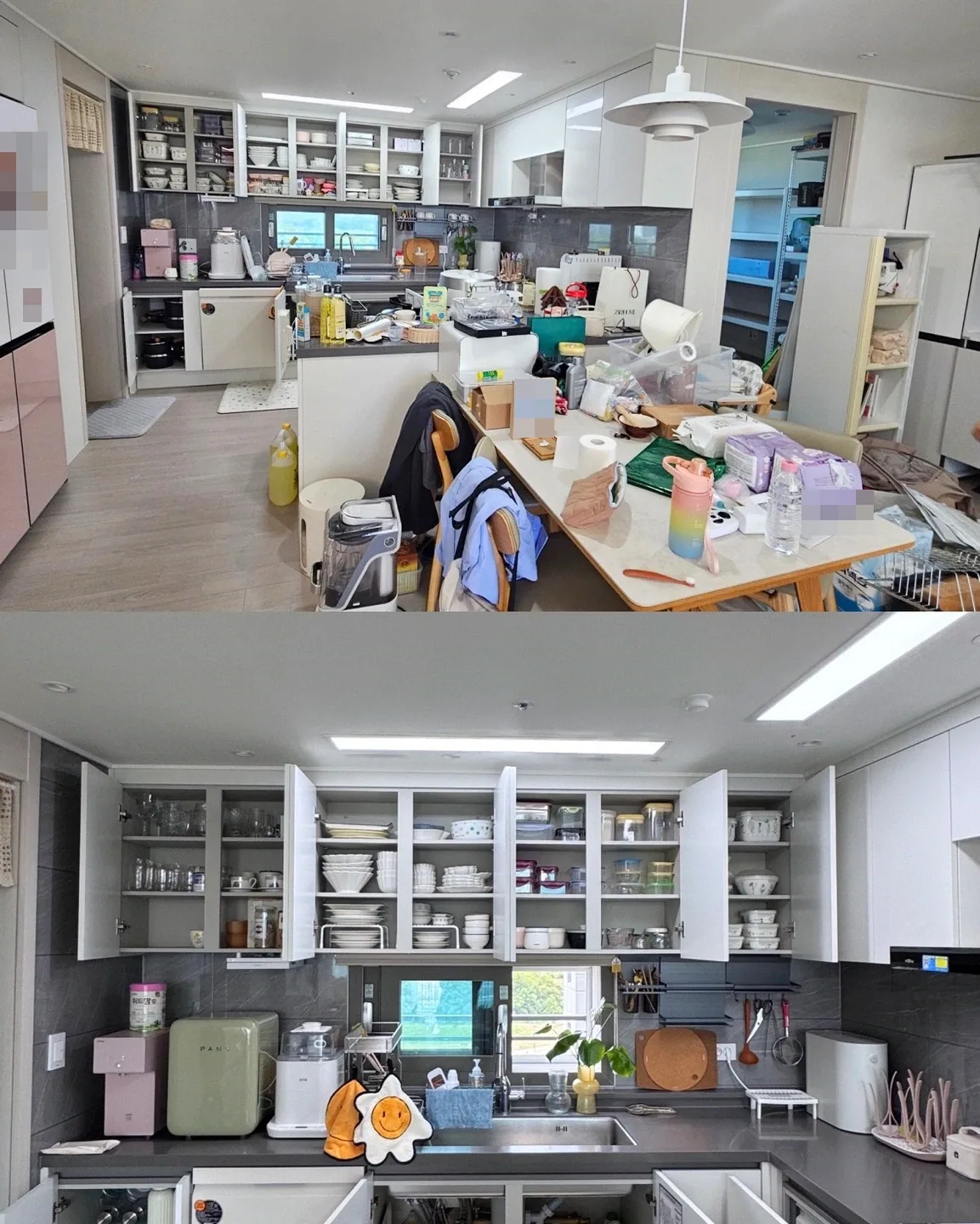 식탁과 주방 수납장을 함께 담은 넓은 구도